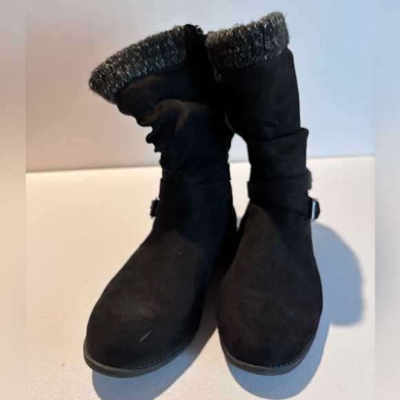 Black Faux-Suede Slouchy Mid-Calf Boots • Size 10 • Buckle Detail - Picture 1 of 15
